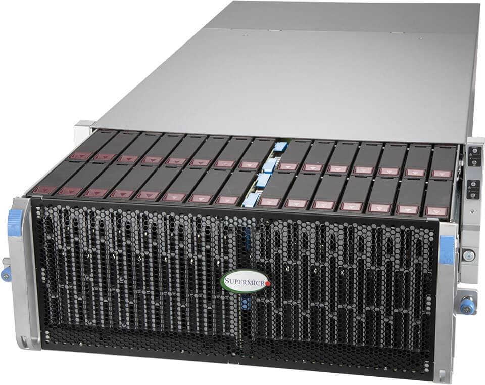 Silver supermicro ssg-640sp-e1cr60 4u top-loading storage server with black perforated front panel and 60 drive bays