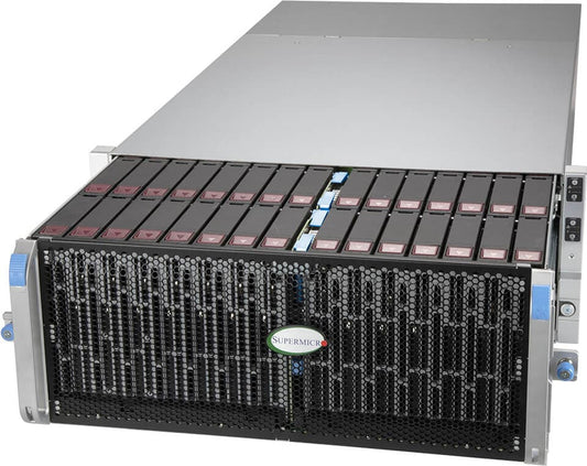 Silver supermicro ssg-640sp-e1cr60 4u top-loading storage server with black perforated front panel and 60 drive bays