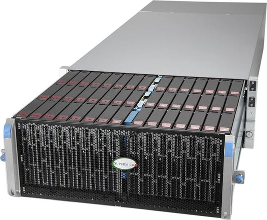 Silver and black supermicro ssg-640sp-e1cr90 4u rack server with honeycomb grille and 90 top-load drive bays