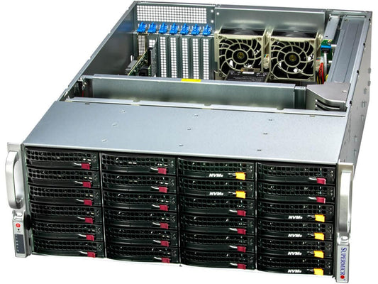 Silver-framed supermicro ssg-641e-e1cr24l 4u storage server with multiple black nvme drives and internal cooling fans