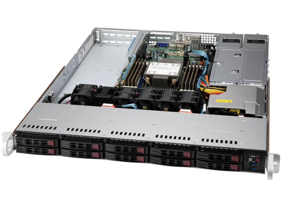 Silver and black supermicro sys-110p-wr 1u server rack with multiple drive bays cooling fans and internal components visible