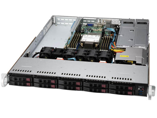 Silver and black supermicro sys-110p-wr 1u server rack with multiple drive bays cooling fans and internal components visible