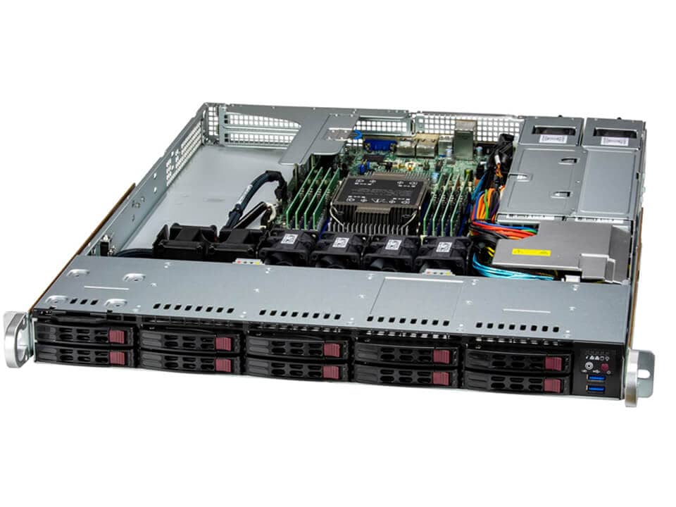 Silver and black supermicro sys-111e-wr 1u rack server showing motherboard cooling fans and multiple nvme drive bays