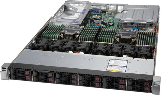 Silver and black Supermicro SYS-120U-TNR 1U server rack with dual Xeon processors and multiple NVMe drives visible