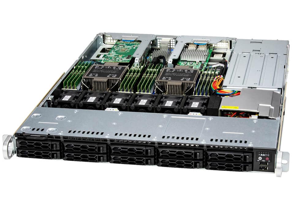 Silver and black Supermicro SYS-121C-TN10R rack-mounted 1U dual Xeon server with 16 DDR5 ram and 10x 2.5 inch NVMe slots