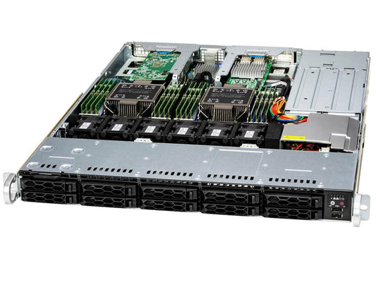 Silver and black Supermicro SYS-121C-TN10R rack-mounted 1U dual Xeon server with 16 DDR5 ram and 10x 2.5 inch NVMe slots