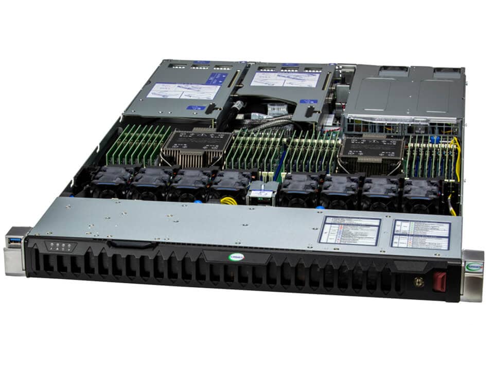 Supermicro sys-121h-tnr black and silver 1u server rack with green ram modules cooling fans and ventilation panel