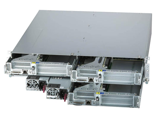Silver-colored supermicro sys-211se-31a x13 superedge 3-node 2u server rack with modular perforated metal fronts and cooling fans