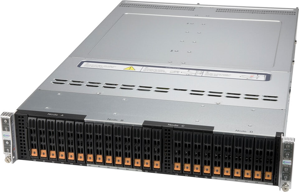 Silver metal supermicro sys-220bt-hntr x12 bigtwin 2u 4-node rack server with black panels and orange indicator lights labeled node a to d
