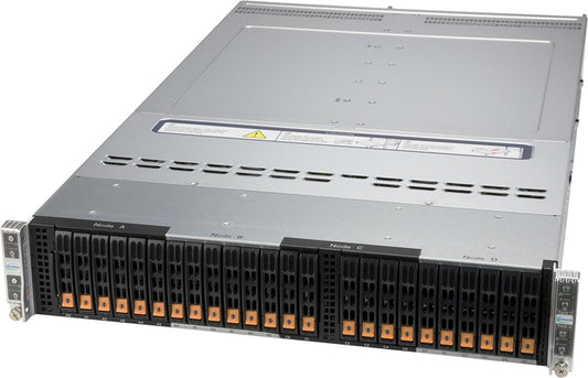Silver metal supermicro sys-220bt-hntr x12 bigtwin 2u 4-node rack server with black panels and orange indicator lights labeled node a to d