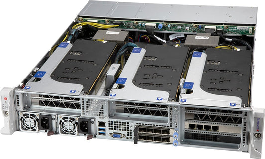 Silver supermicro sys-220he-ftnr server rack with three black and white drive bays and blue logo stickers