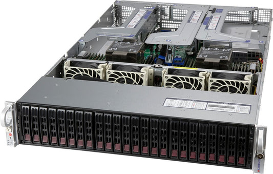 Silver and black supermicro sys-220u-tnr 2u rack server with multiple fans and drive bays visible from the front