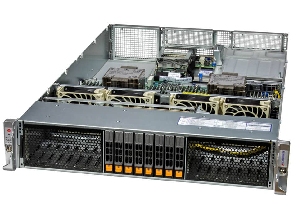 Silver supermicro sys-221h-tnr 2u dual xeon scalable server with multiple drive bays and cooling fans visible inside