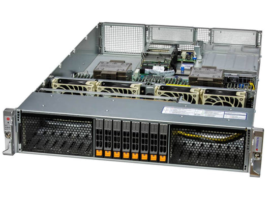 Silver supermicro sys-221h-tnr 2u dual xeon scalable server with multiple drive bays and cooling fans visible inside