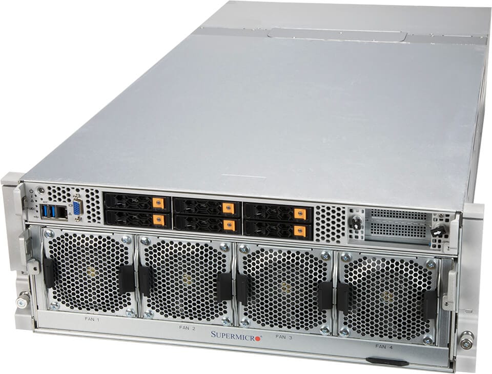Silver supermicro sys-420gp-tnar 4u rackmount server with perforated front panels and four fan units