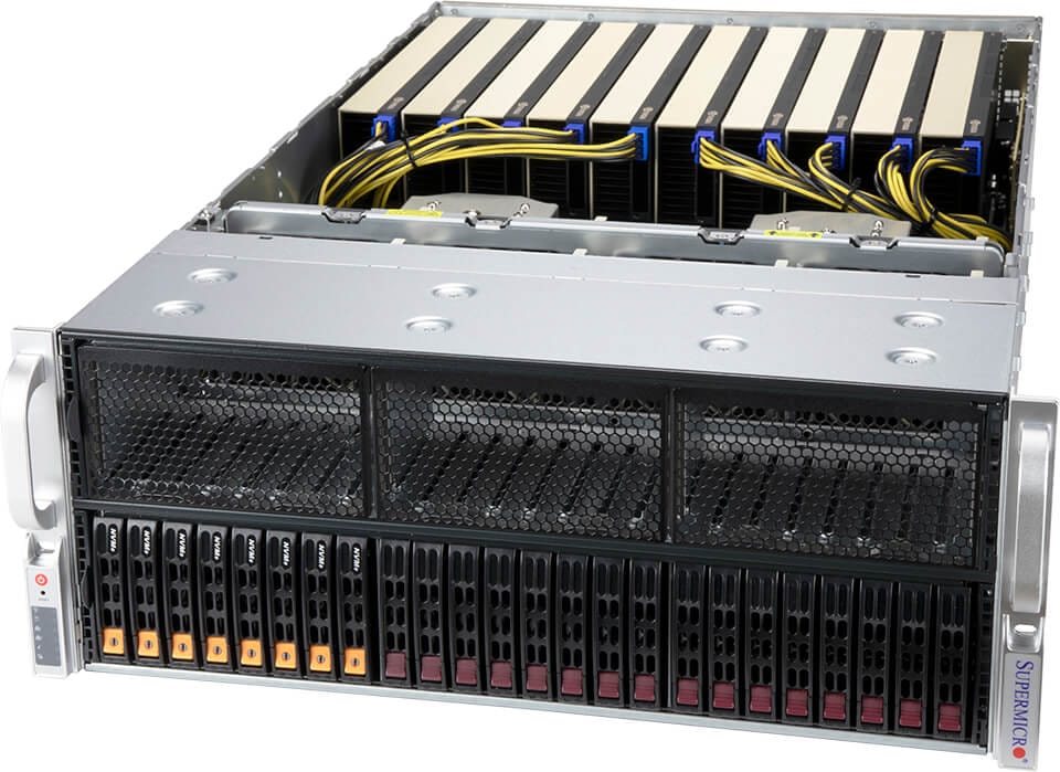 Silver and black supermicro sys-420gp-tnr 4u dual xeon scalable gpu server with mesh front and yellow cables