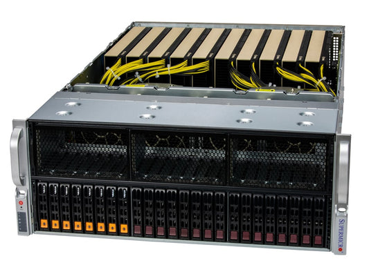 Supermicro sys-421ge-tnrt 4u dual xeon gpu server with silver rack black panels orange maroon drive bays and yellow cables