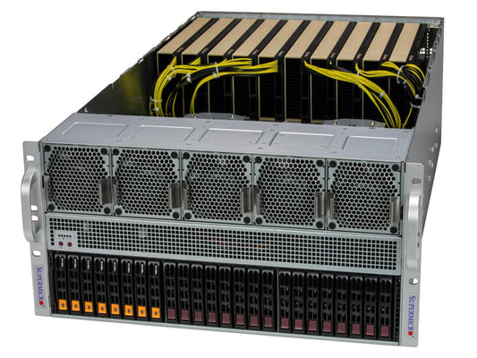 Silver metallic supermicro sys-521ge-tnrt 5u dual xeon gpu server with black beige components yellow cables and orange lights
