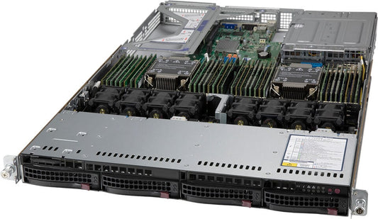 Silver and black supermicro sys-610u-tnr dual xeon 1u rack server with cpu modules ram sticks and cooling fans visible inside