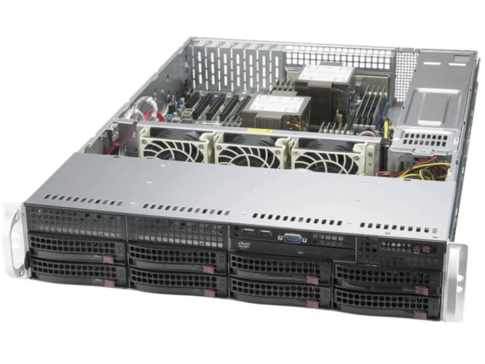 Supermicro sys-620p-trt silver and black 1u rack-mount server with multiple drive bays and front panel ports including dvd cd rom vga usb and power indicators