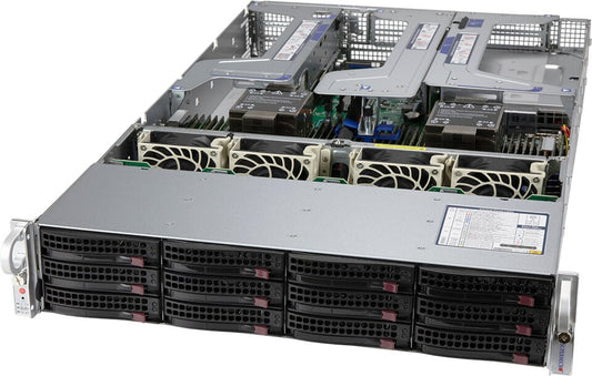 Silver supermicro sys-620u-tnr server rack with black drive bays and cooling fans for high performance computing