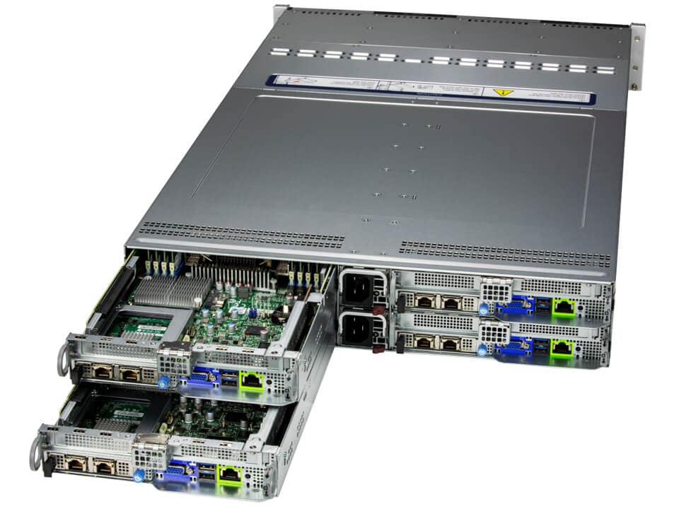 Silver-colored supermicro sys-621bt-hnc8r x13 bigtwin 2u 4-node rack server back with expansion slots and network ports