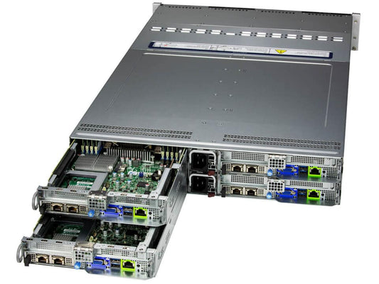 Silver-colored supermicro sys-621bt-hnc8r x13 bigtwin 2u 4-node rack server back with expansion slots and network ports