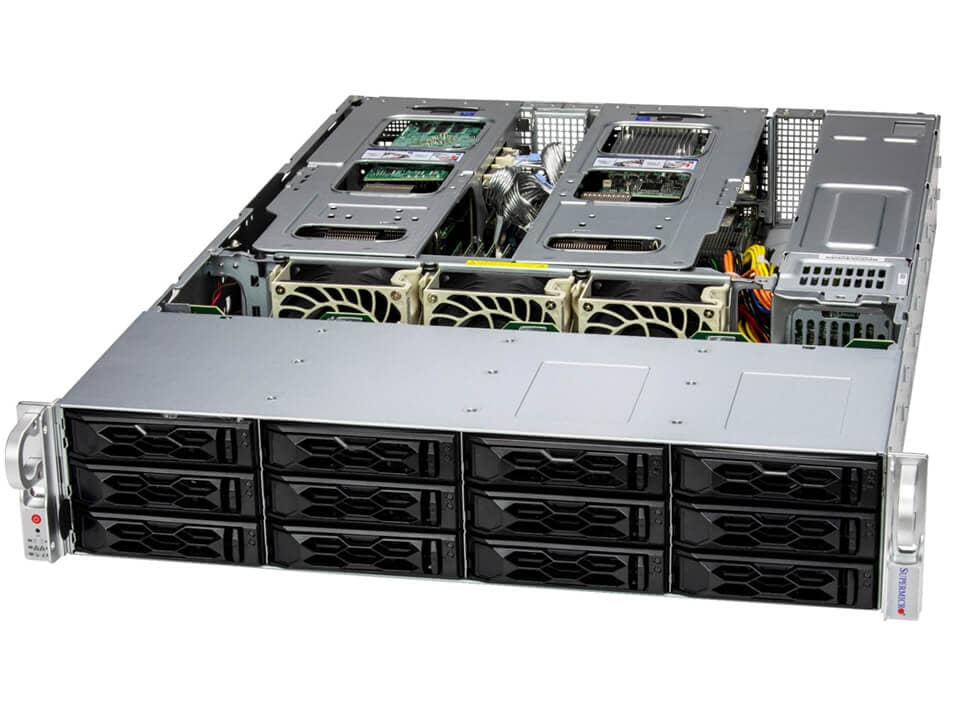 Silver and black Supermicro SYS-621C-TN12R rack-mounted server with multiple drive bays and visible cooling fans and hardware
