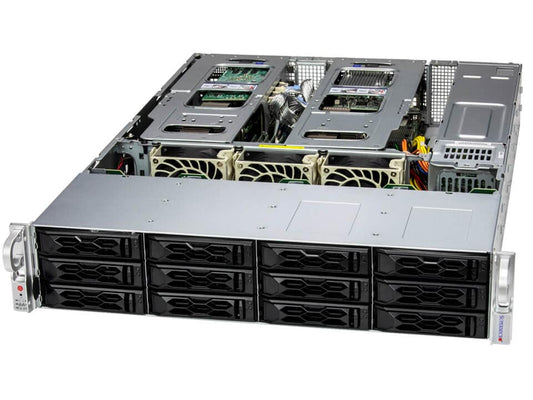 Silver and black Supermicro SYS-621C-TN12R rack-mounted server with multiple drive bays and visible cooling fans and hardware