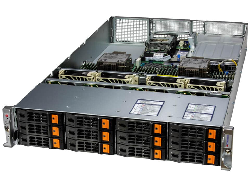 Silver and black supermicro sys-621h-tn12r x13 hyper 2u dual xeon server rack with orange drive indicators and modular design