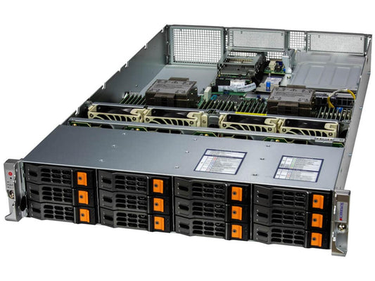 Silver and black supermicro sys-621h-tn12r x13 hyper 2u dual xeon server rack with orange drive indicators and modular design