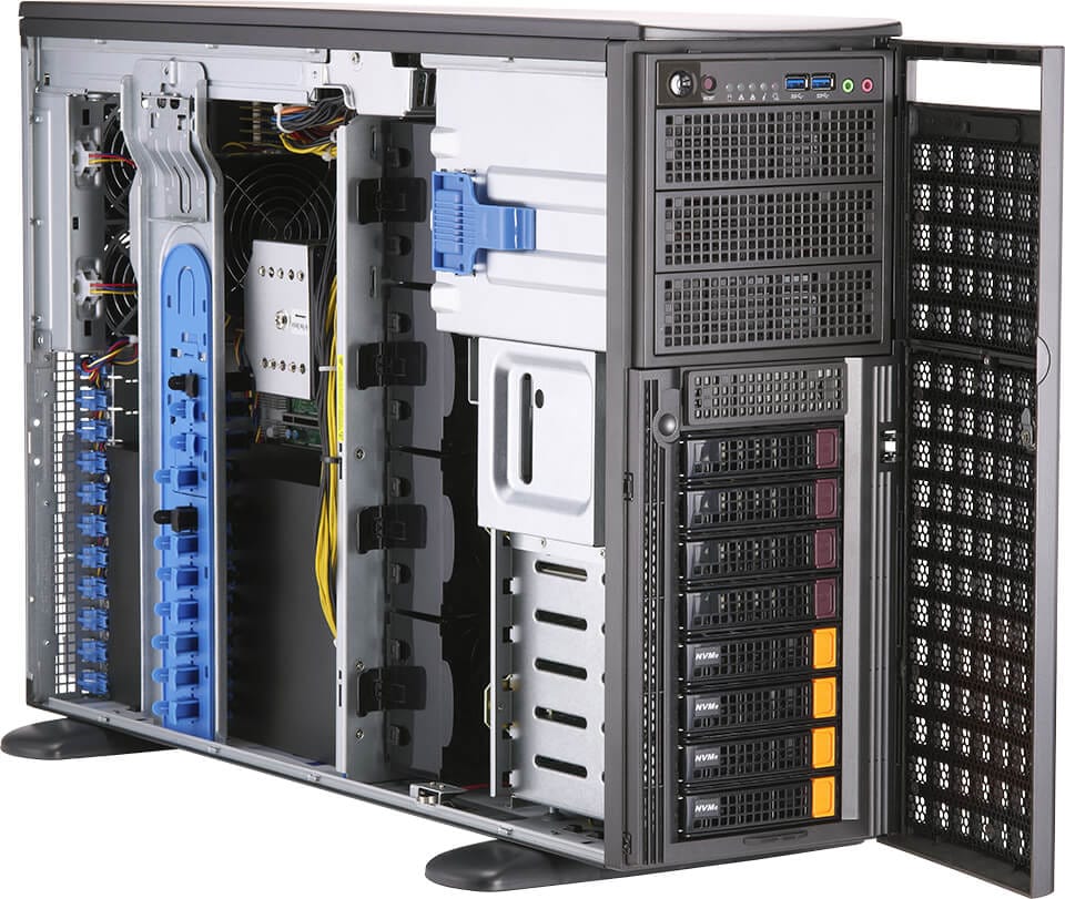 Black and silver supermicro sys-740gp-tnrt server rack with blue fiber ports and colorful drive bays for gpu workstation