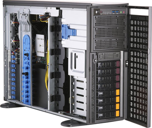 Black and silver supermicro sys-740gp-tnrt server rack with blue fiber ports and colorful drive bays for gpu workstation
