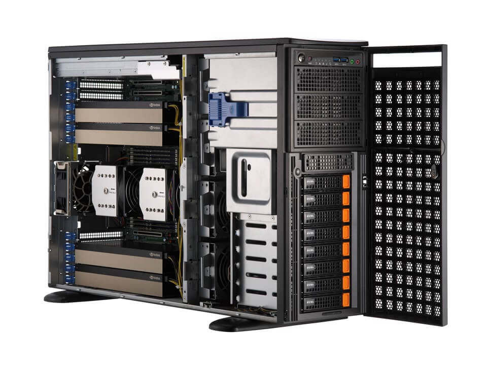 Black and silver supermicro sys-741ge-tnrt x13 dual xeon tower server with multiple drive bays cooling fans and cabling