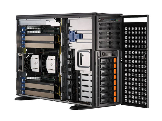 Black and silver supermicro sys-741ge-tnrt x13 dual xeon tower server with multiple drive bays cooling fans and cabling