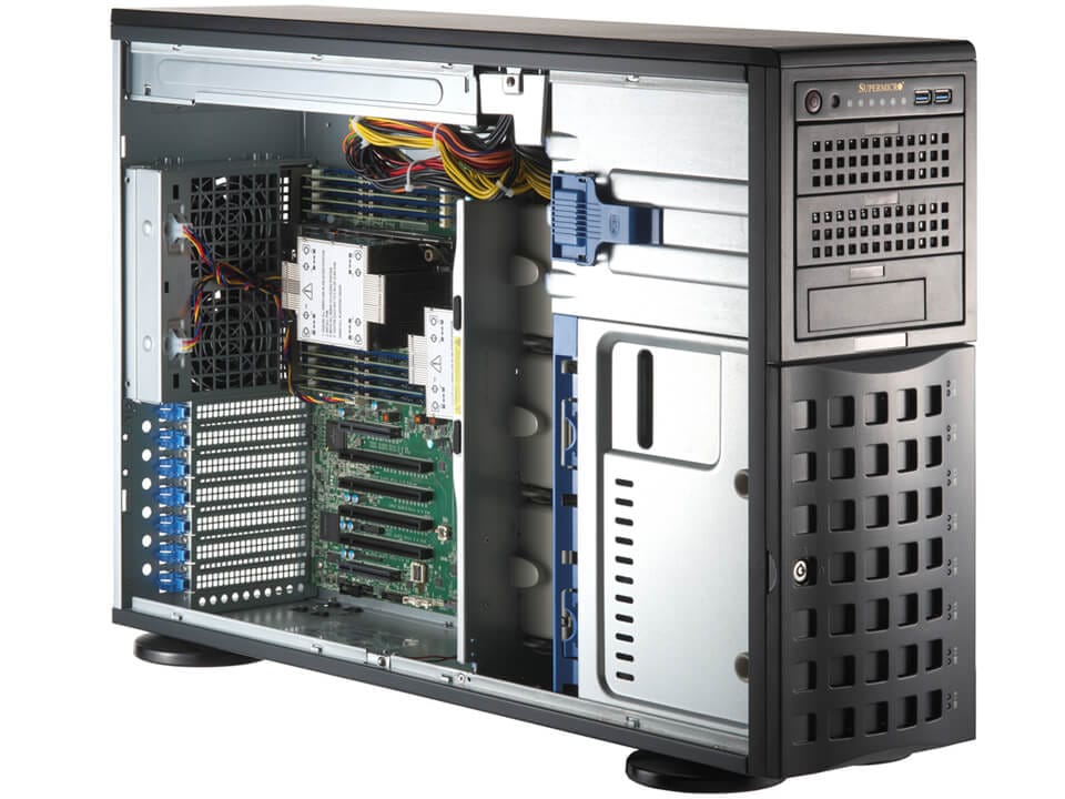 Supermicro sys-741p-trt black and silver tower server with visible green motherboard blue ram sticks and internal cables