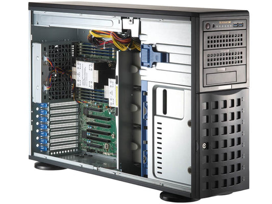 Supermicro sys-741p-trt black and silver tower server with visible green motherboard blue ram sticks and internal cables