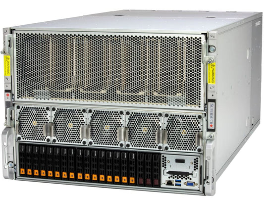 Silver supermicro sys-821ge-tnhr x13 8u gpu server rack with perforated front panel fans and orange indicator lights