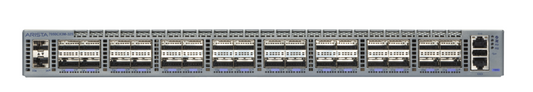 Gray metal arista dcs-7050cx3m-32s-r 32-port 100g macsec network switch with blue led indicators and multiple ports