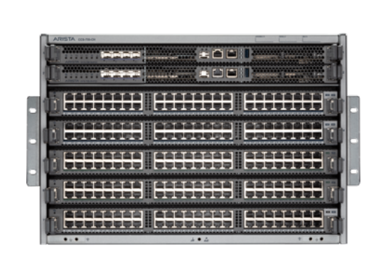 Black Arista KIT-CCS-750 network switch back side with multiple Ethernet ports and perforated front panel for rack mounting