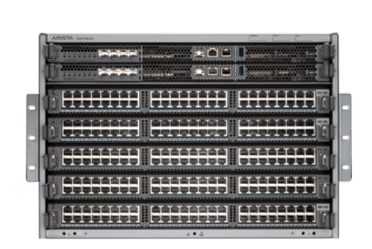 Black Arista KIT-CCS-750 network switch back side with multiple Ethernet ports and perforated front panel for rack mounting
