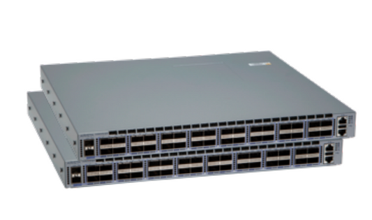 Stacked gray arista dcs-7050cx3-32c-dc-r 32-port 100g network switches with rear airflow and industrial design