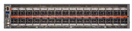 Gray arista dcs-7060x6-64pe-b-n-f 7060x6 switch with orange stripe and multiple ports on front panel