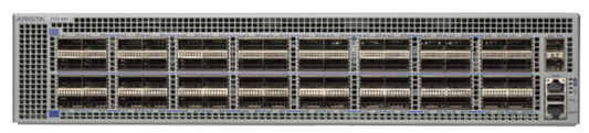Gray metal arista dcs-7170-64c-f 64-port 100g switch with multiple ports and ventilation grilles on front side