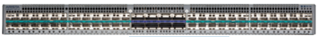 Gray arista dcs-7280sr3-48yc8-f network switch with 48 25g ports and green indicator lights on front panel