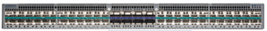 Gray arista dcs-7280sr3-48yc8-f network switch with 48 25g ports and green indicator lights on front panel