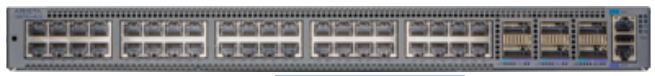 Gray metal arista dcs-7280tr3-40c6-f server rack back with multiple ports and indicator lights for high-speed networking