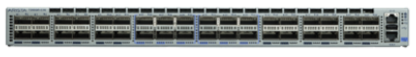Gray metal arista dcs-7280qr-c36-m-f network switch with multiple ports and blue led indicators on the back panel