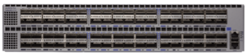 Gray metal Arista DCS-7280QR-C72-F network switch with 72 ports and blue lights for high-speed 40G and 100G connections