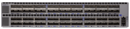 Gray metal Arista DCS-7280QR-C72-F network switch with 72 ports and blue lights for high-speed 40G and 100G connections